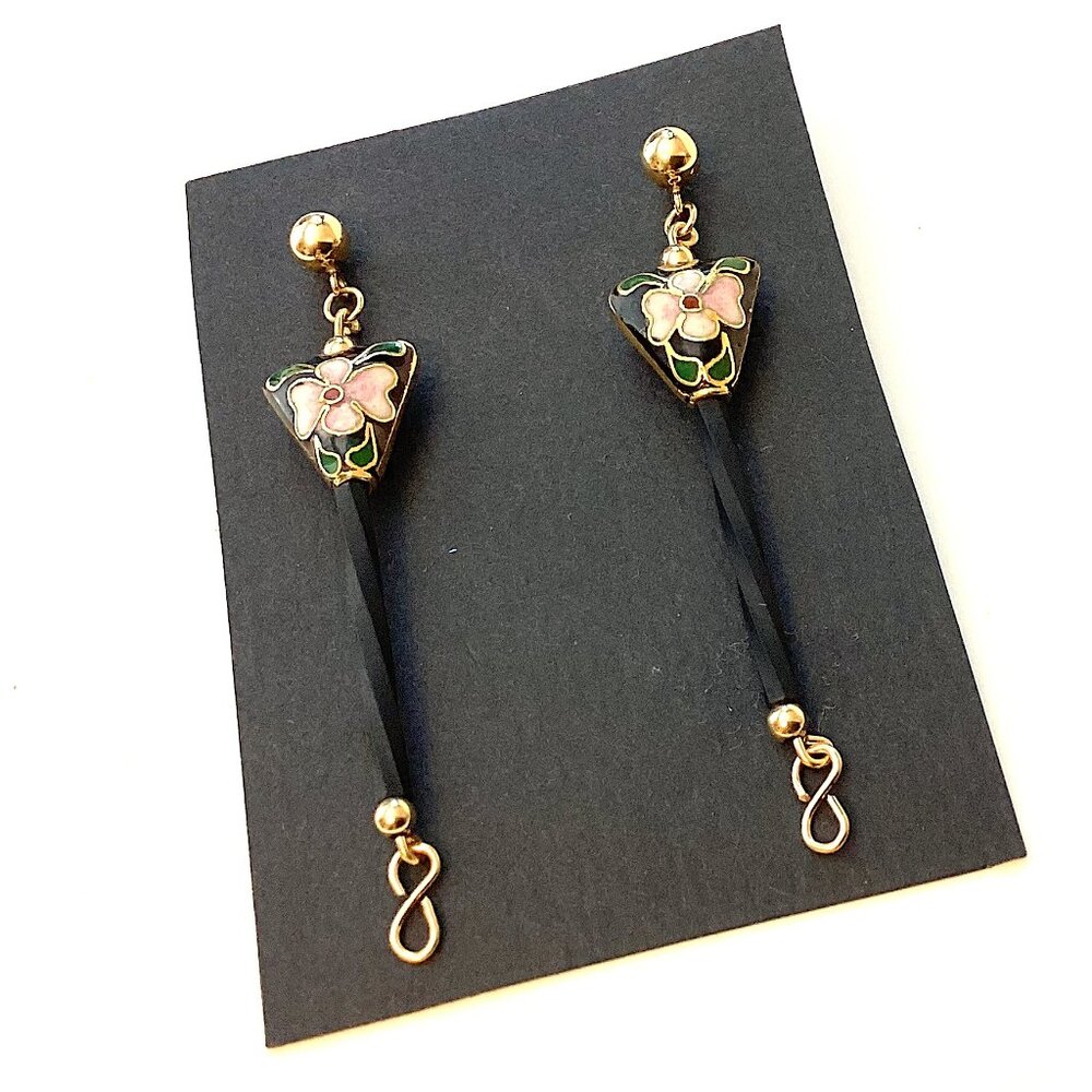 Vintage 14k Gold Cloisonne Earrings, Long and Unique Dangle Jewelry, Art Nouveau - Picture 6 of 8